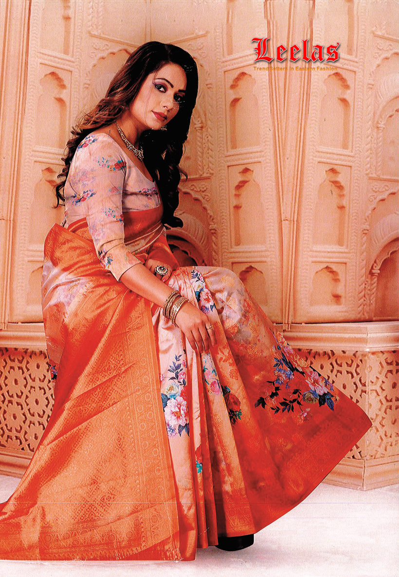 Peach floral resham silk saree