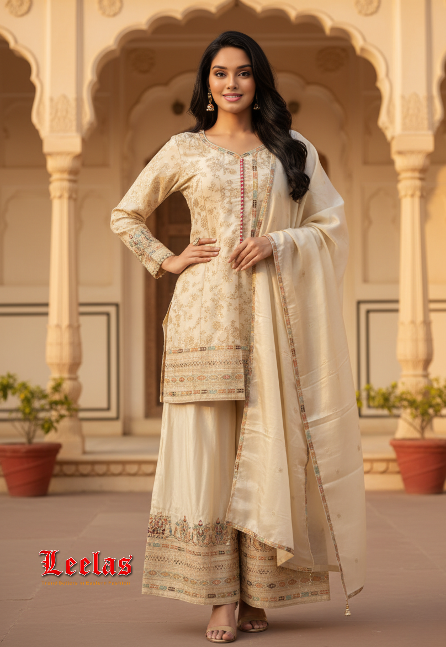 Cream and gold silk salwar kameez