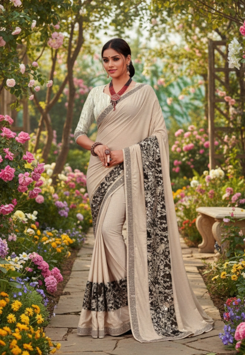 Cream georgette saree with sequins and embroidery