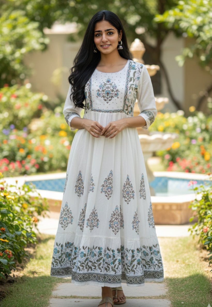 Long white cotton floral print dress