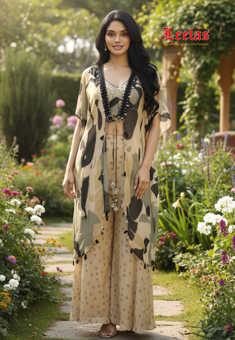 Cream, beige and black Indo Western crepe silk with ready made blouse, skirt and long jacket