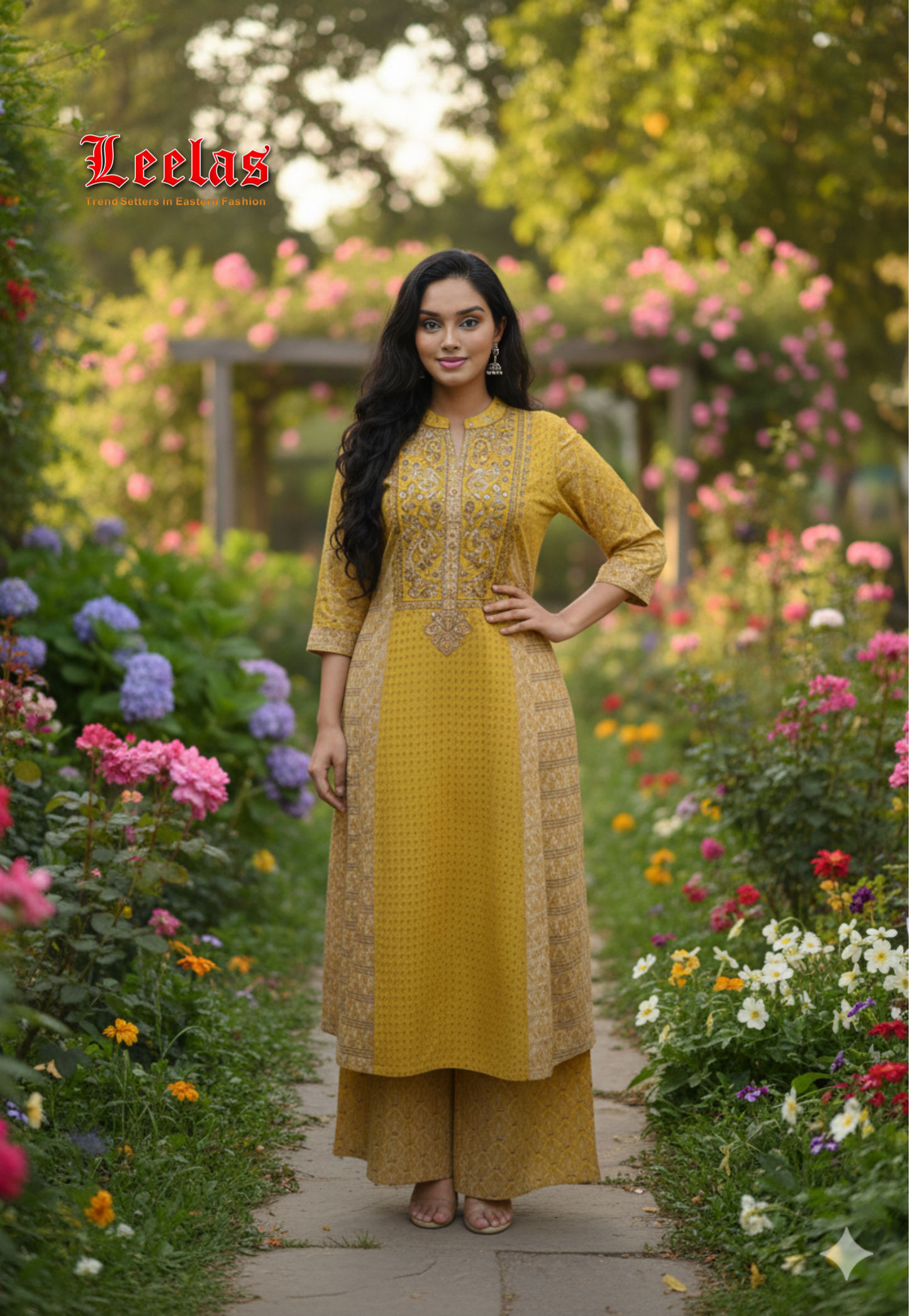 Mustard and brown printed Chinese silk kurti set