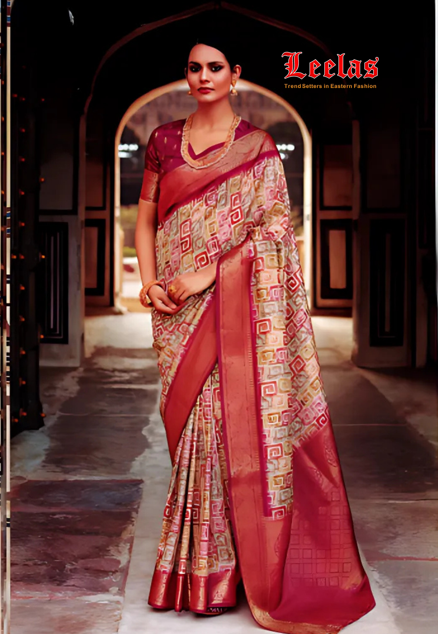 Printed silk saree with dusk rose border and shades of pink