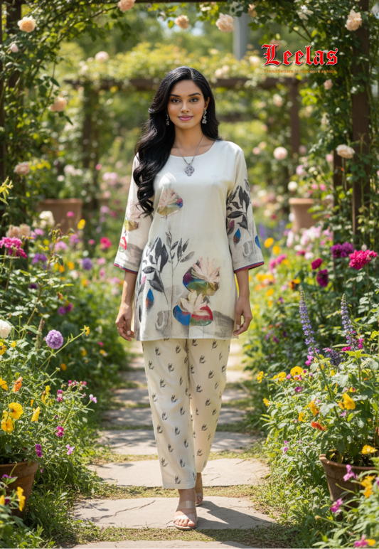 Cream and black rayon floral print co-ord set