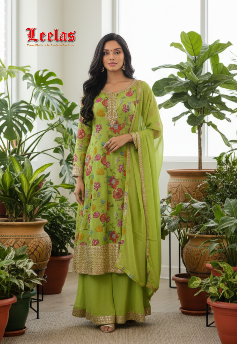 Lime green floral silk salwar kameez