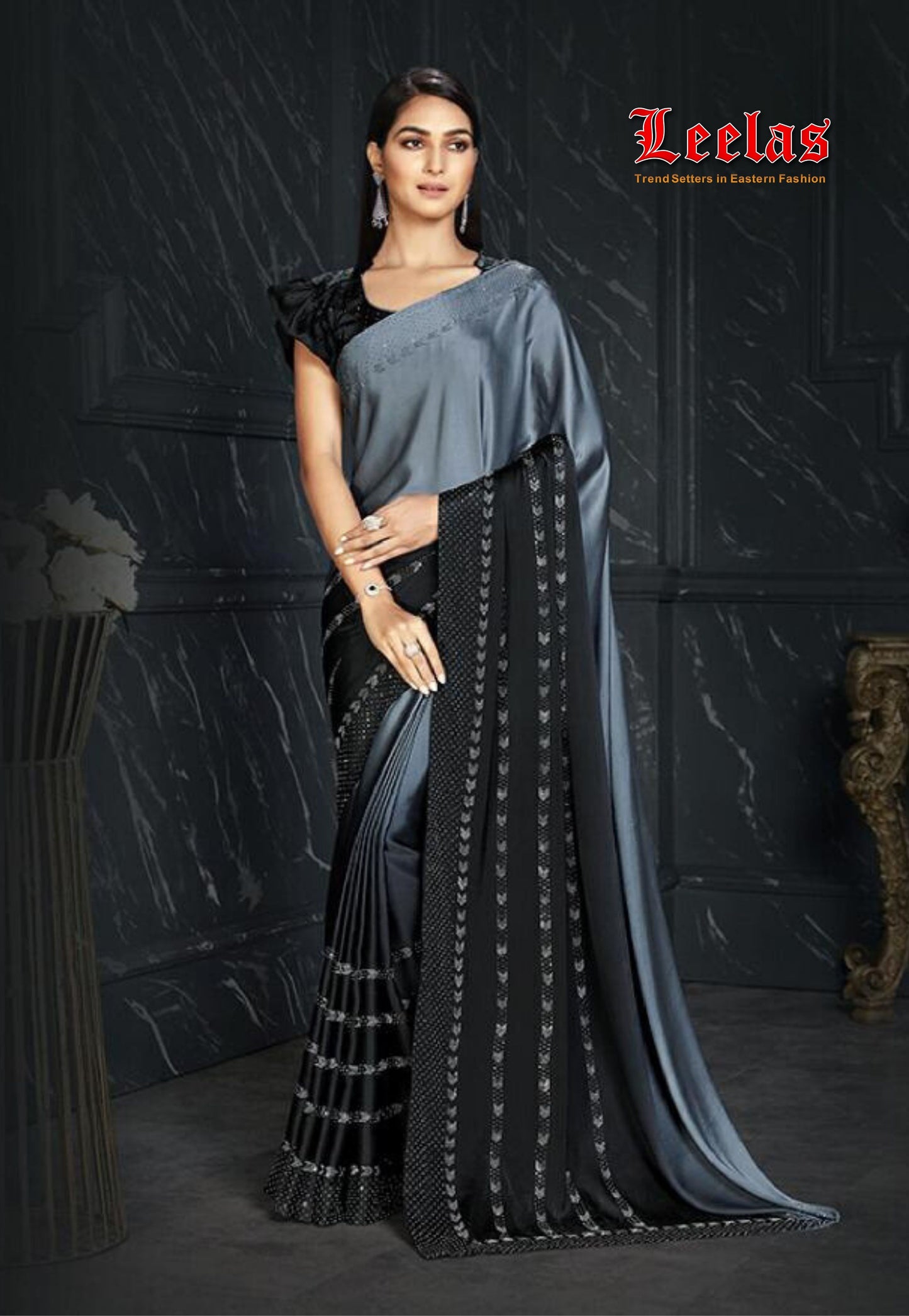 Grey and black satin saree