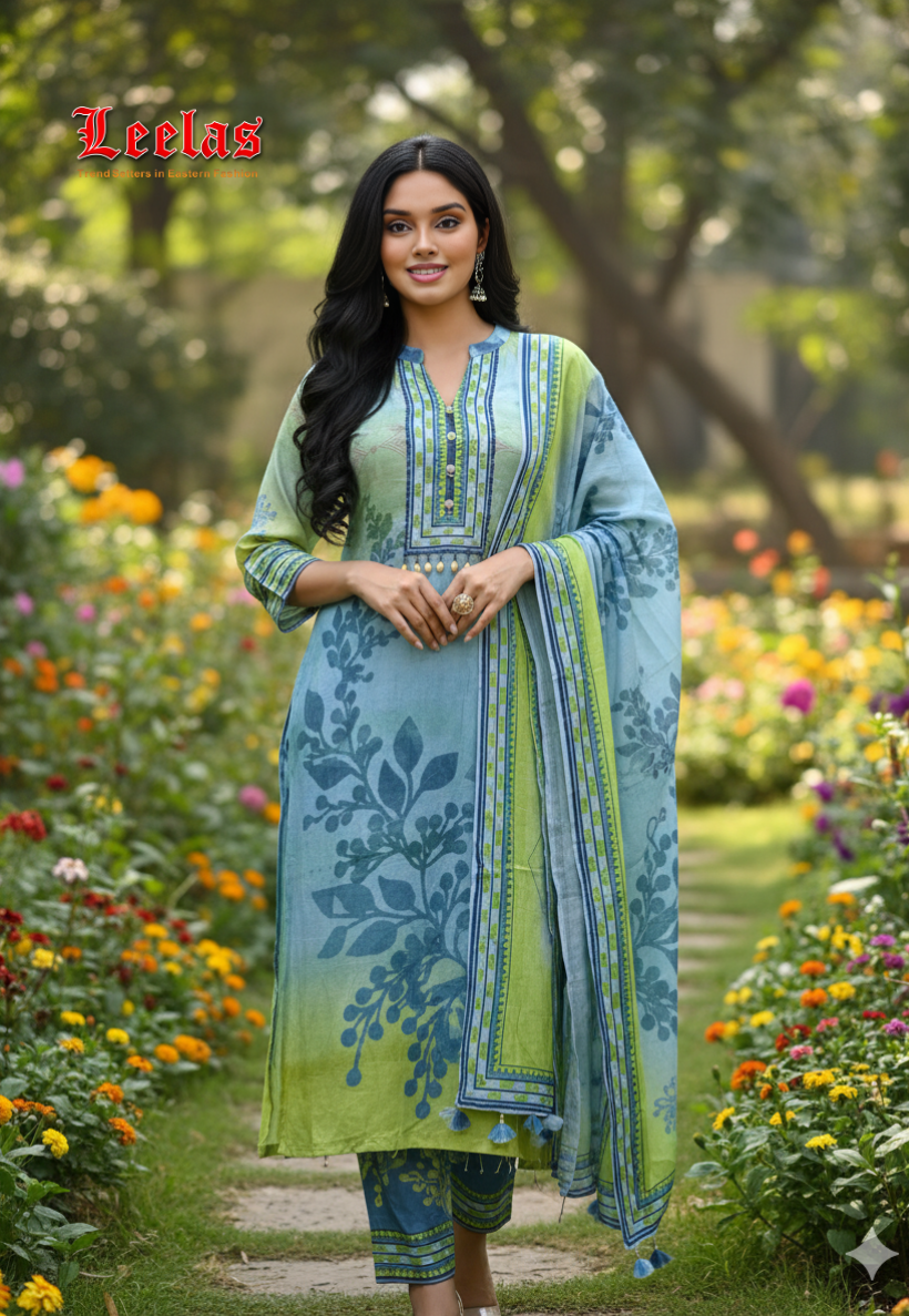 Blue and green floral printed silk salwar kameez