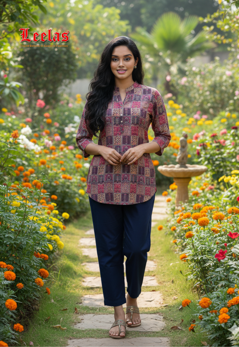 Multi-colour block printed rayon kurti