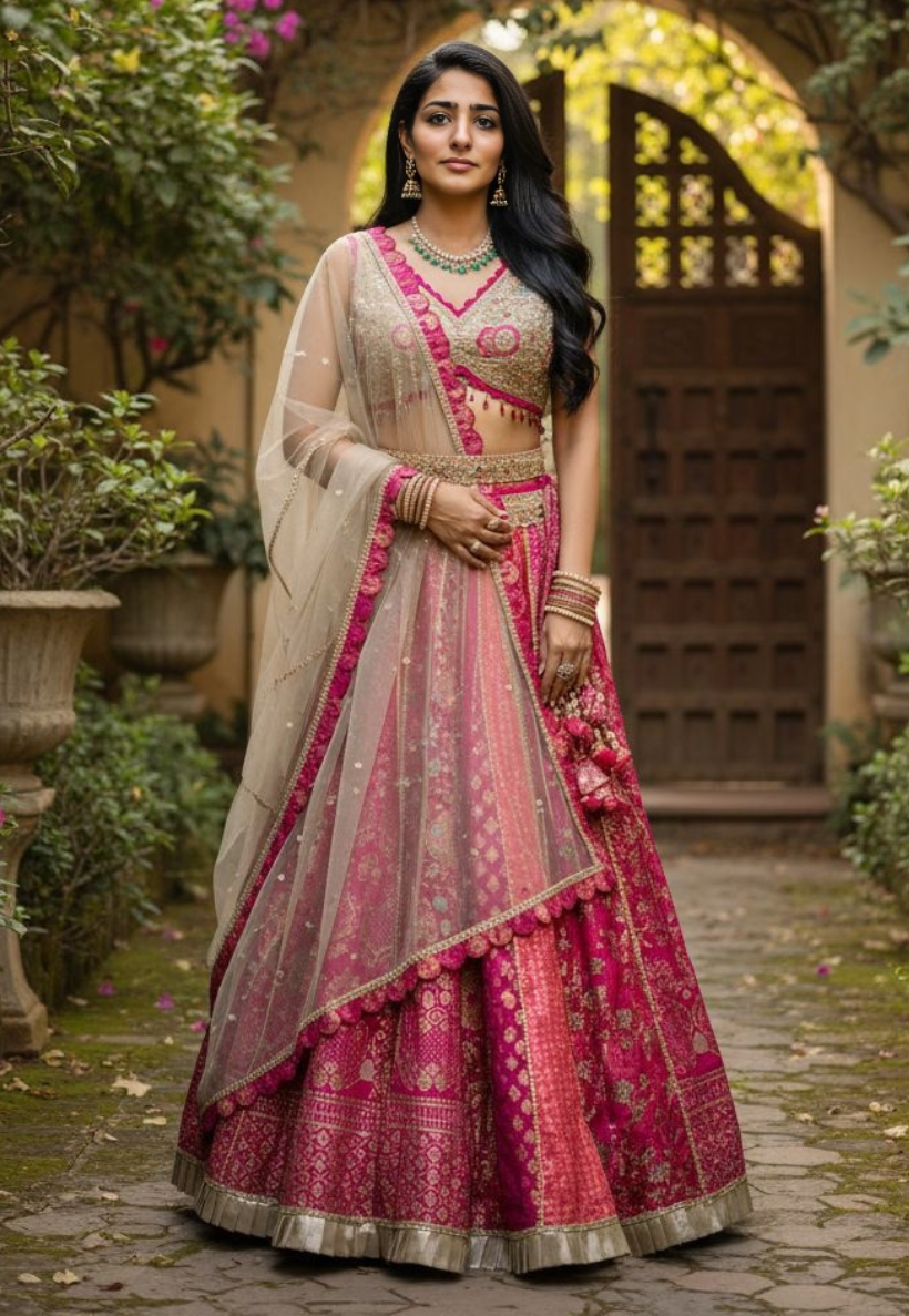 Shades of bright pink lengha, brocade and pure silk sequin beadwork with taupe blouse