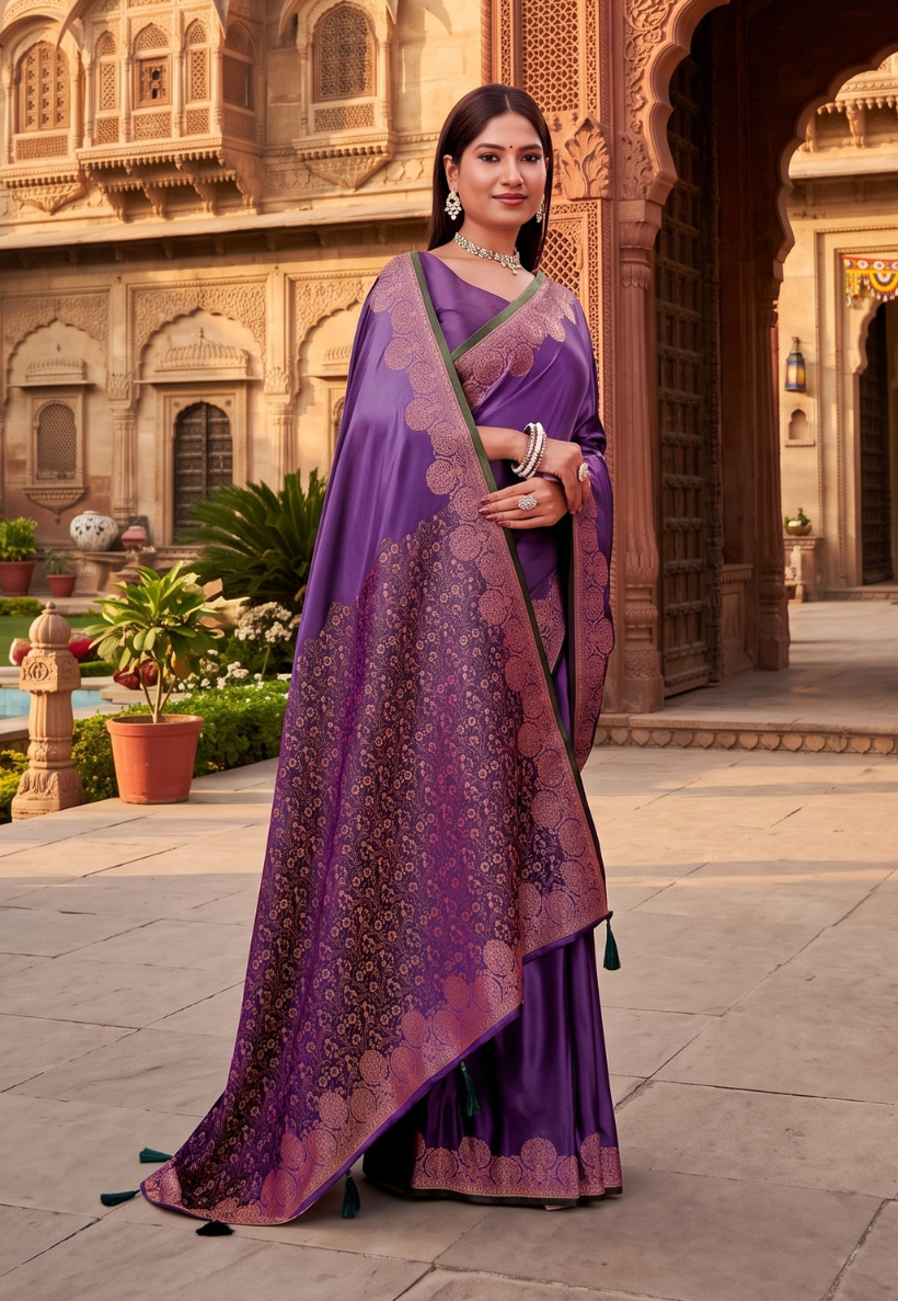 Dusty lilac and green satin banarasi silk saree with matching blouse piece unstitched