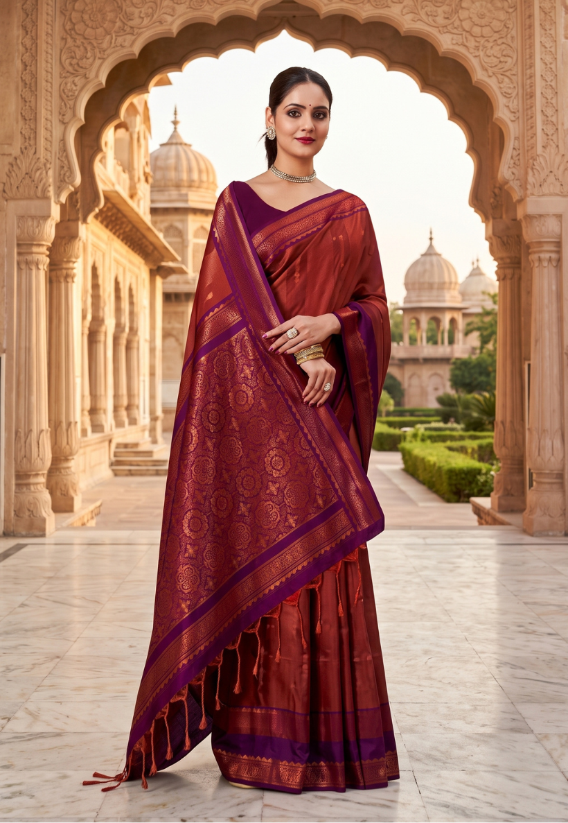 Gold toned art silk saree with purple border and copper zari work with blouse piece unstitched