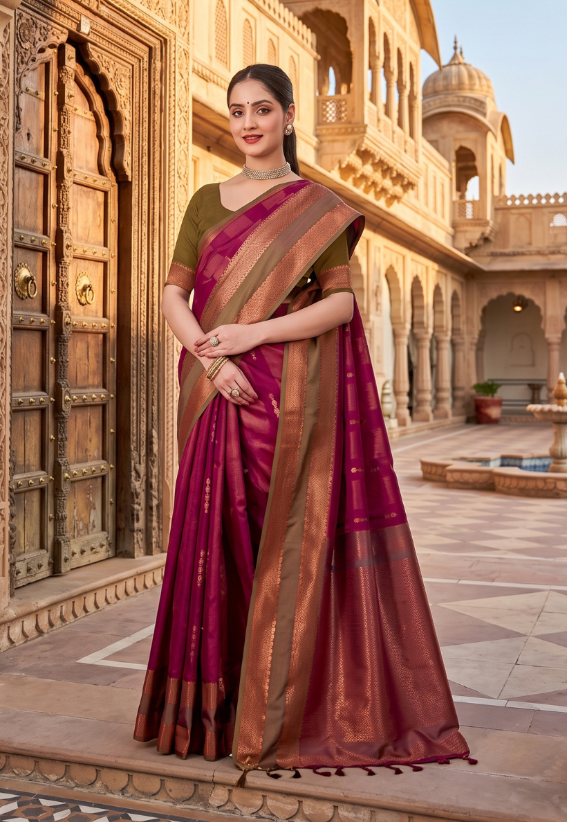 Mint green and magenta pink toned art silk saree with copper zari work and blouse piece unstitched