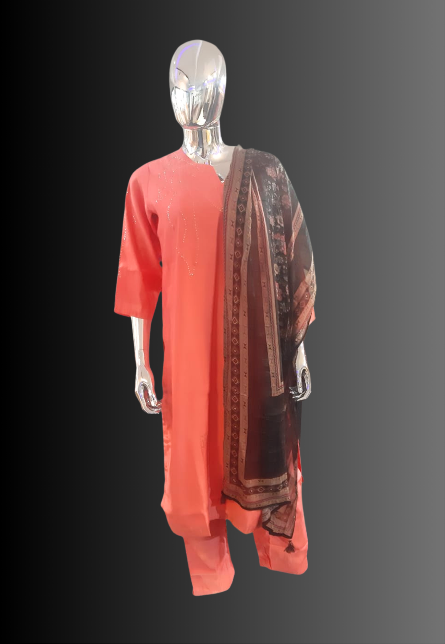 Samon silk salwar kameez with gold detail on top and matching pants