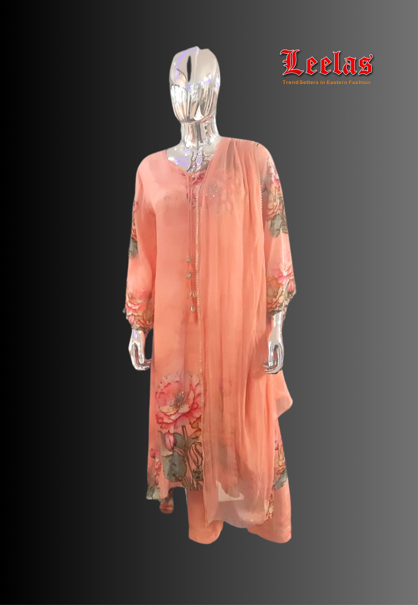 Silk peach floral salwar kameez with ebroidery and mirror work