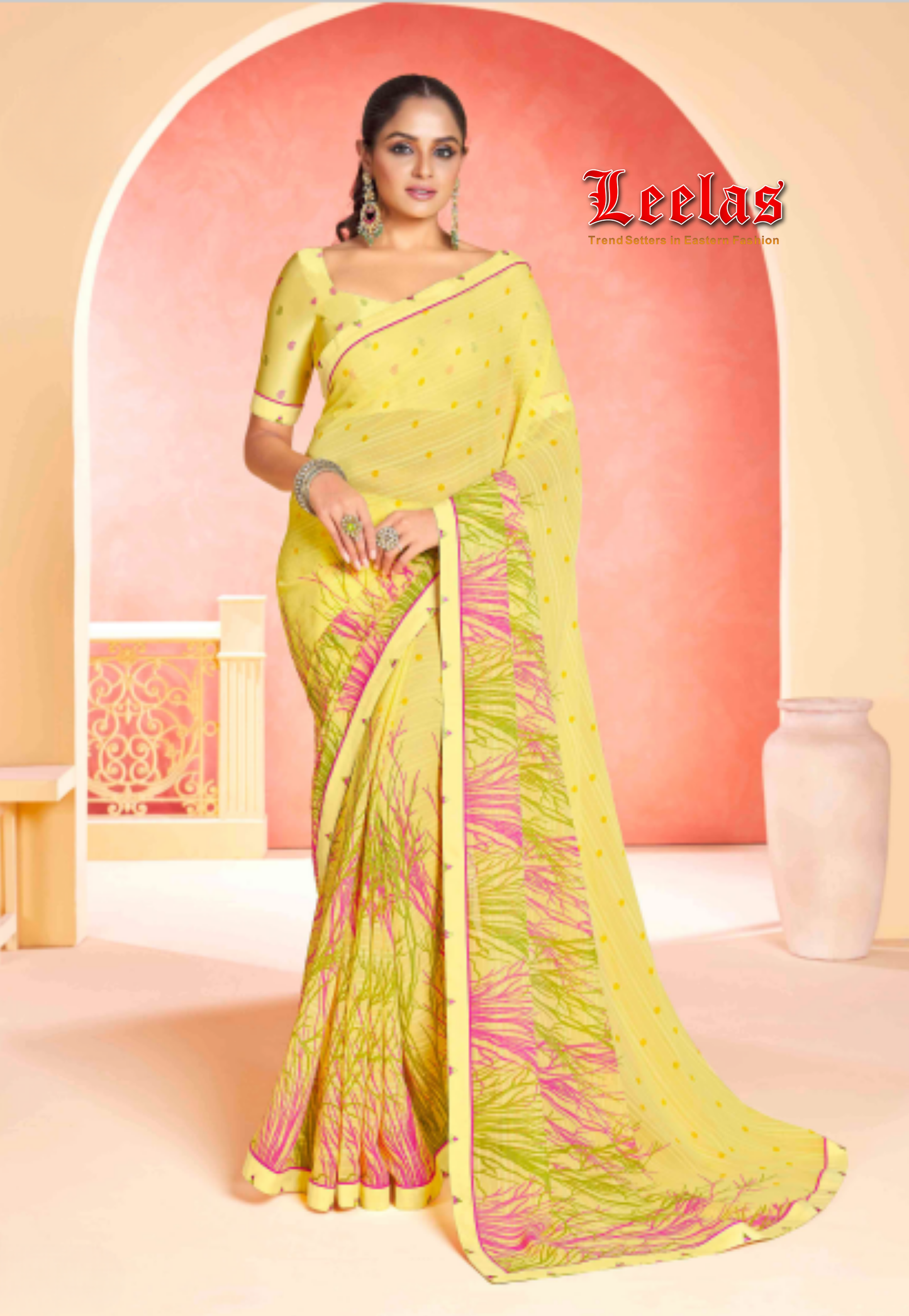 Lemon yellow georgette saree