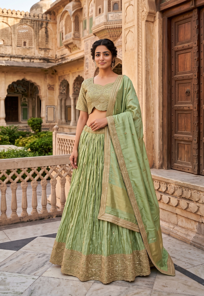 Mint green lengha with metallic sequins and zari work