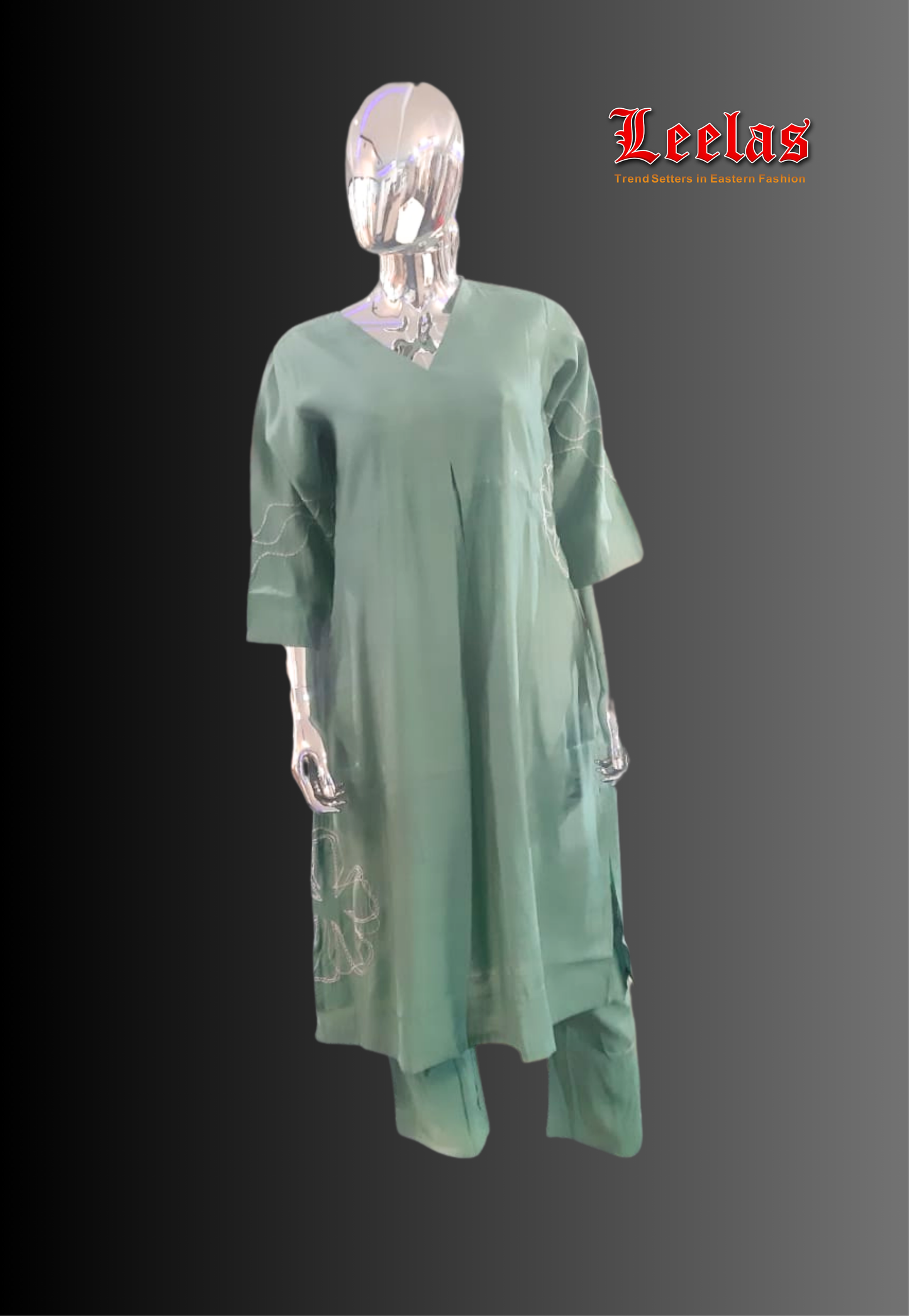 Mint green kurti set with emroidery on detail on the kurti