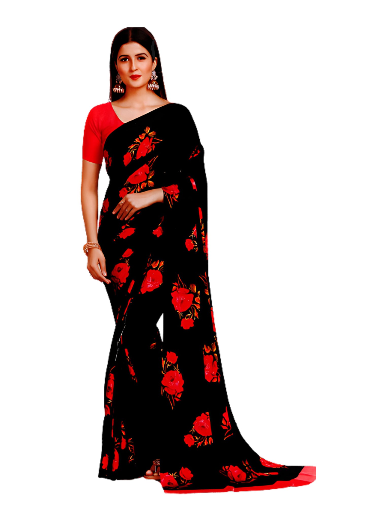 Floral black and red silk saree with matching unstitched blouse piece