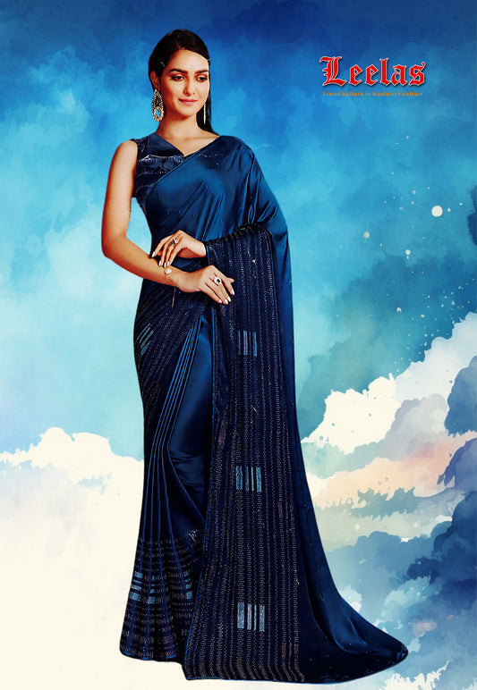 Classy Navy and Royal Blue silk saree with stone work, with matching unstitched blouse piece