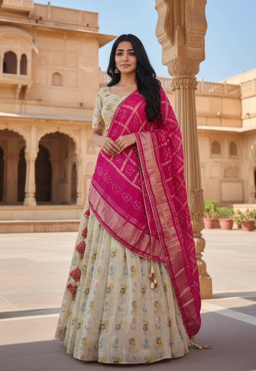 Cream and gold crushed silk semi stitched silk lengha
