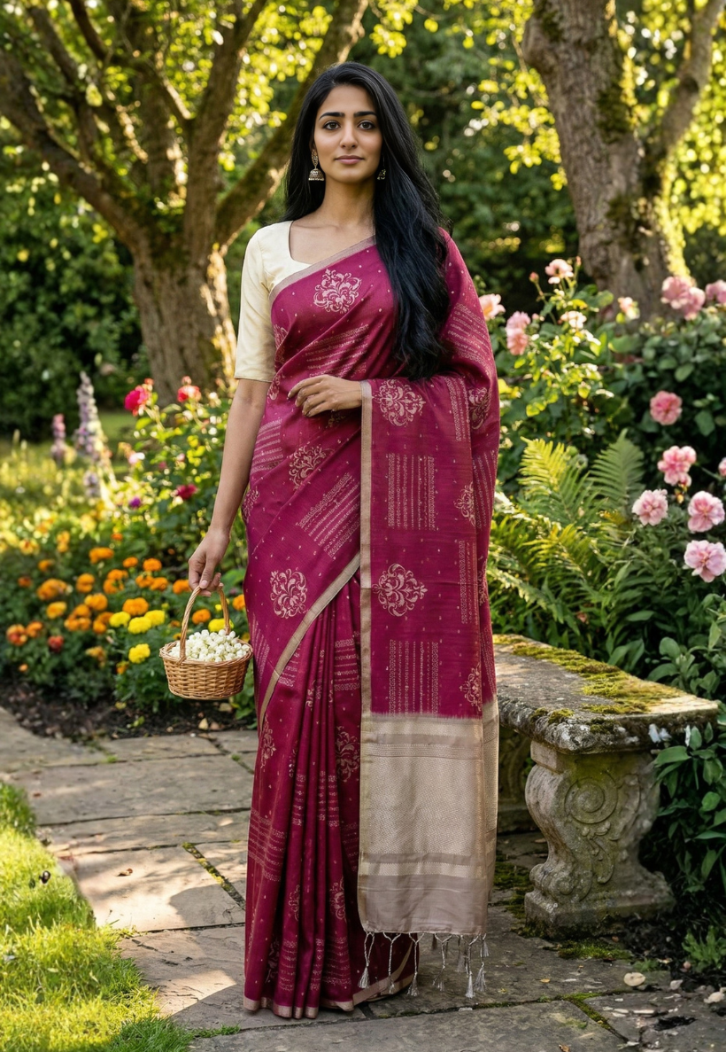 Deep wine art silk saree with geometric patterns with contrasting gold border on pallu