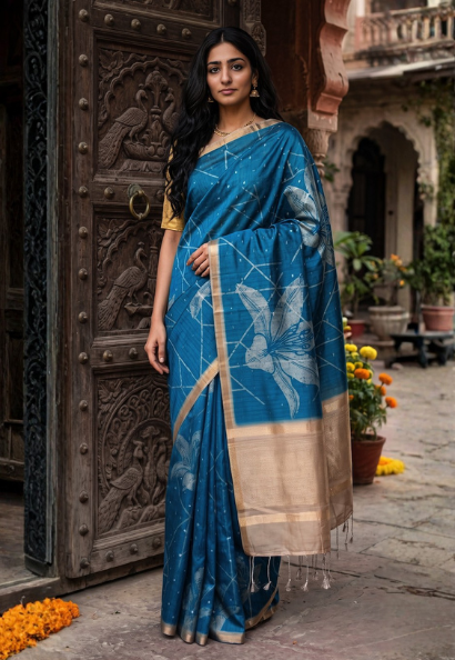Blue art silk saree with geometric patterns with contrasting gold border on pallu (Copy)