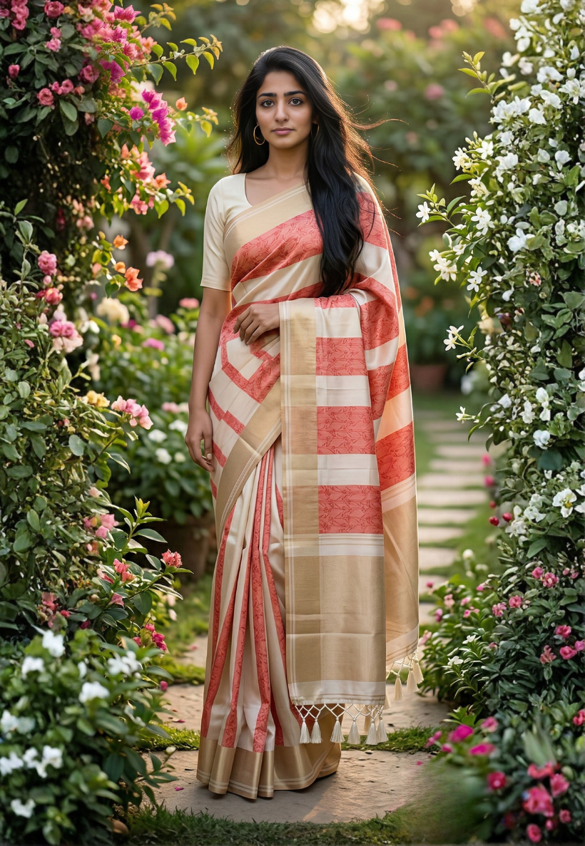 Off white and terracotta orange silk blend striped saree with floral patterns