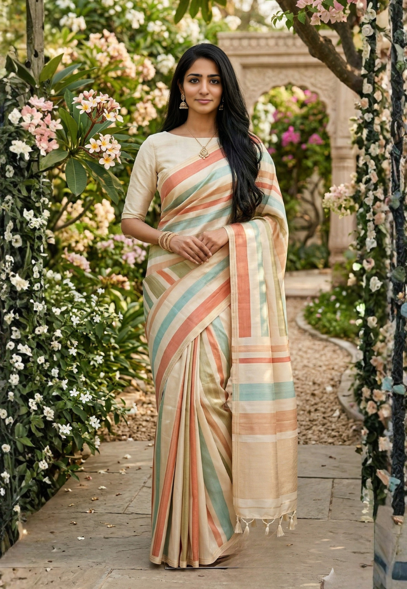 Striped patterned silk blend saree with a colour palette consisting of teal, terracotta rust, pale green and cream