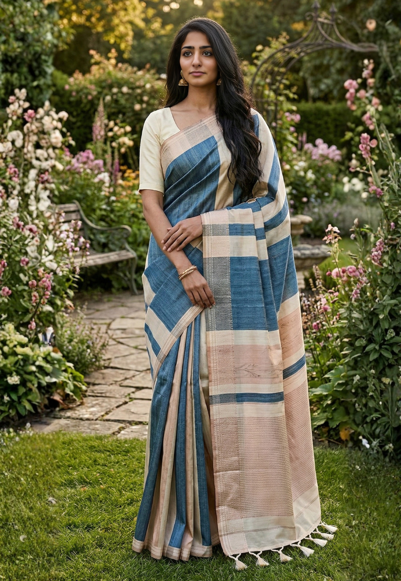 Striped patterned silk blend saree with a colour palette consisting of blue, off white and tan