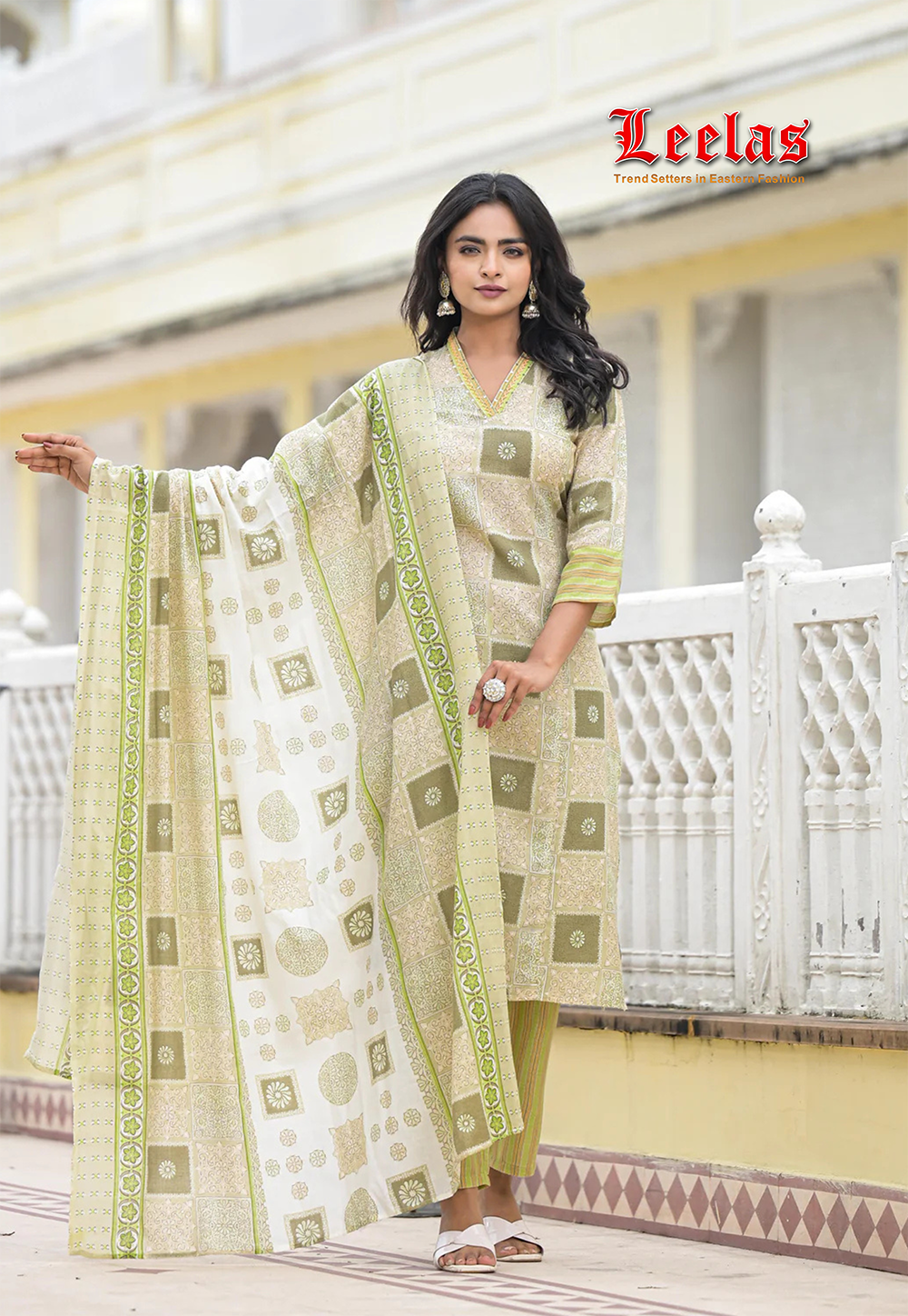 Olive green printed salwaar khameez