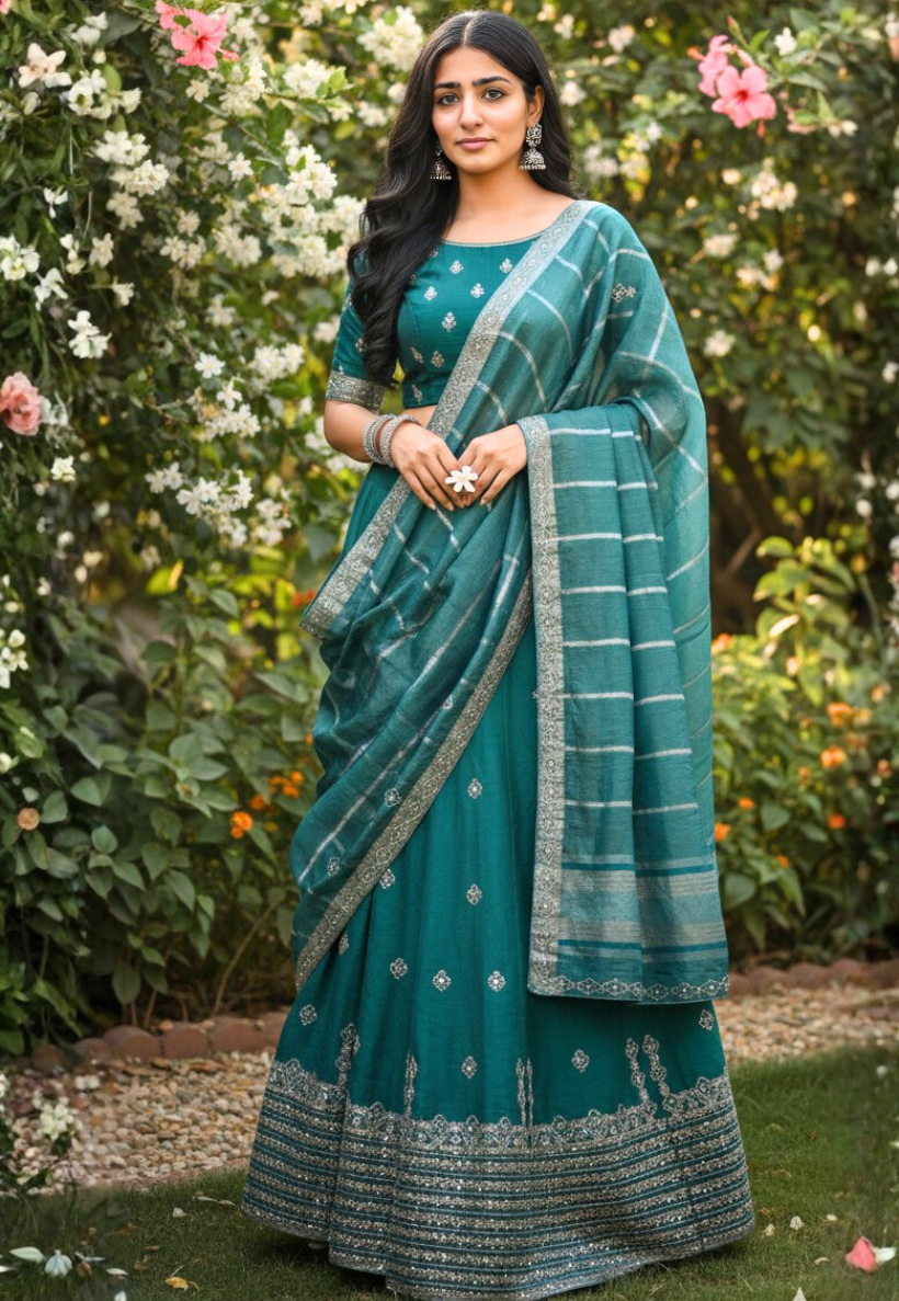 Lightweight sea green shimmer silk lengha with mirror and beadwork embellishments with gold and silver ribbon lines on dupatta