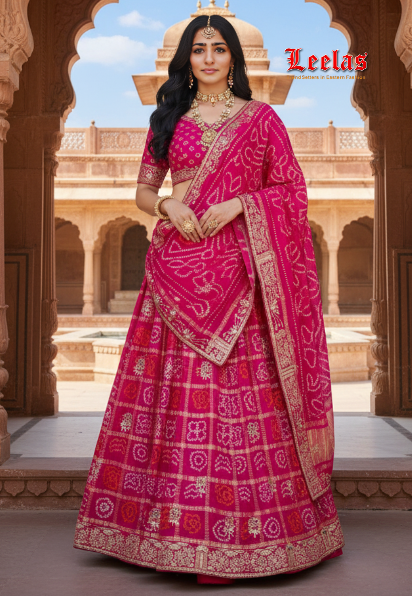 Hot pink gajji silk bandhani with gharchola zari check pattern semi-stitched lengha with gotapatti work