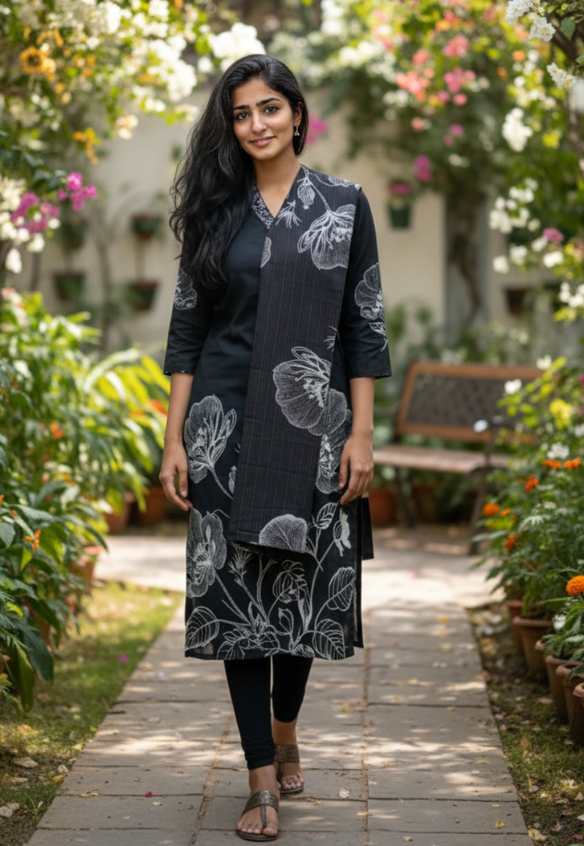 Black and white cotton floral printed salwar kameez with embroidery on the neck line