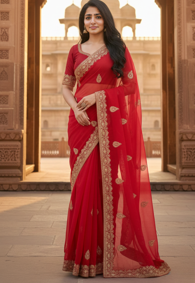 Red silk shimmer saree with stonework and embroidery border