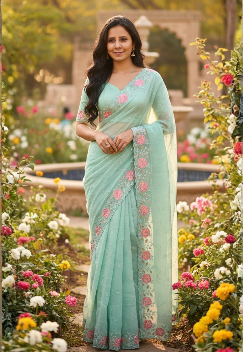 Light sea green chiffon saree with embroidery, sequins and stonework