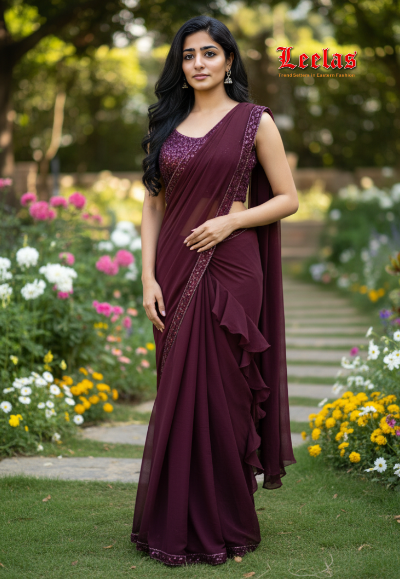 Purple tissue silk ready to wear saree with sequins and embroidery work