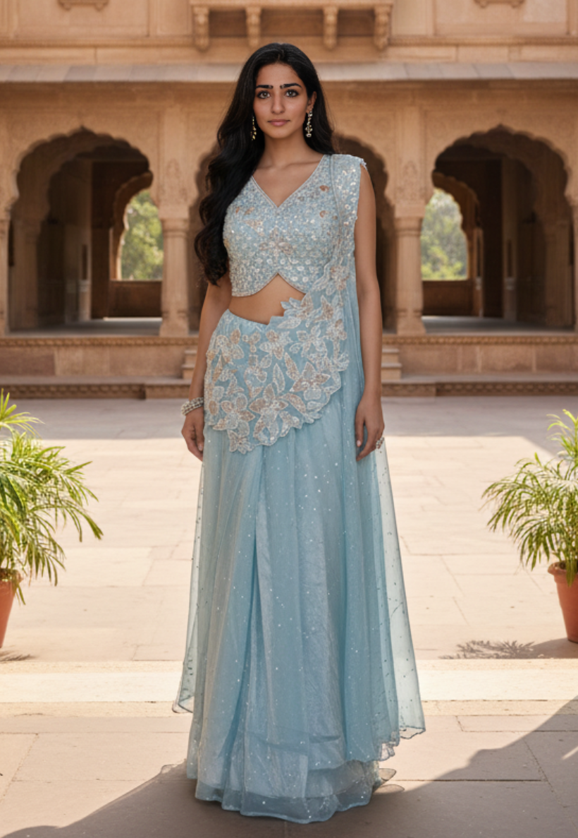 Powder blue tissue silk ready to wear saree with beadwork and sequins