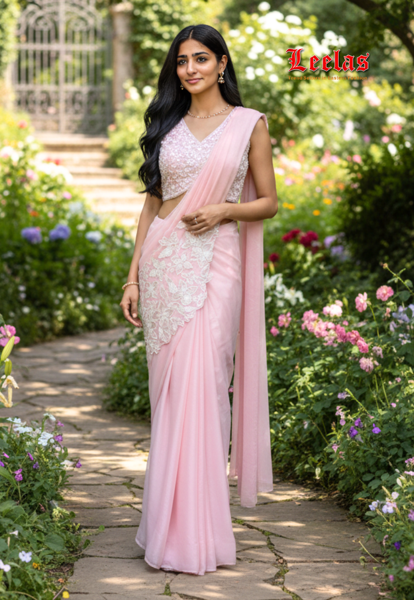 Baby pink organza ready to wear saree with beadwork and sequins