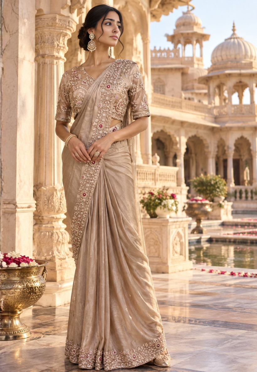 Champagne gold ready to wear saree with embroidery, pearl and sequins