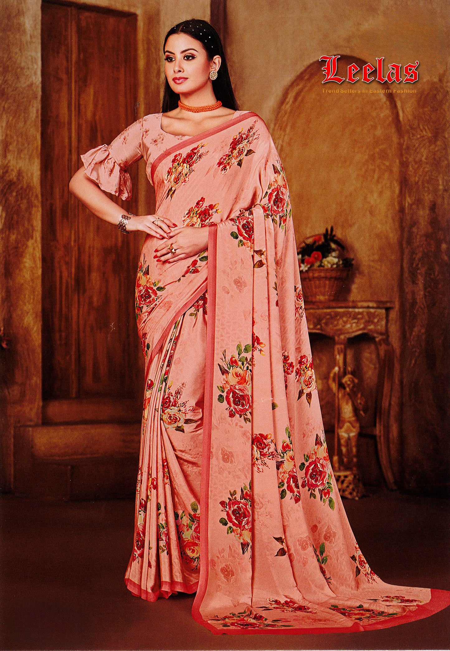 Printed floral silk sarie with matching unstitched blouse piece