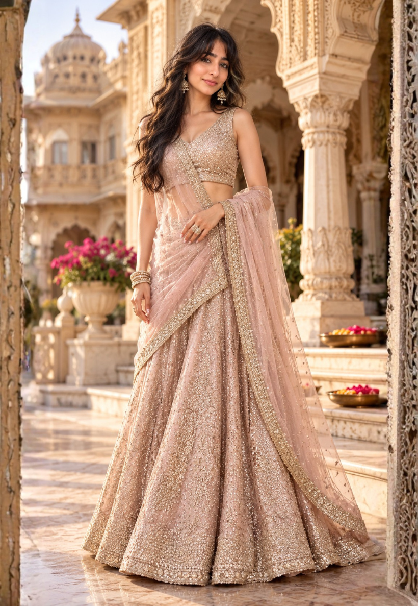 Natural light peach lengha with antique zari, sequins and stonework with matching blouse