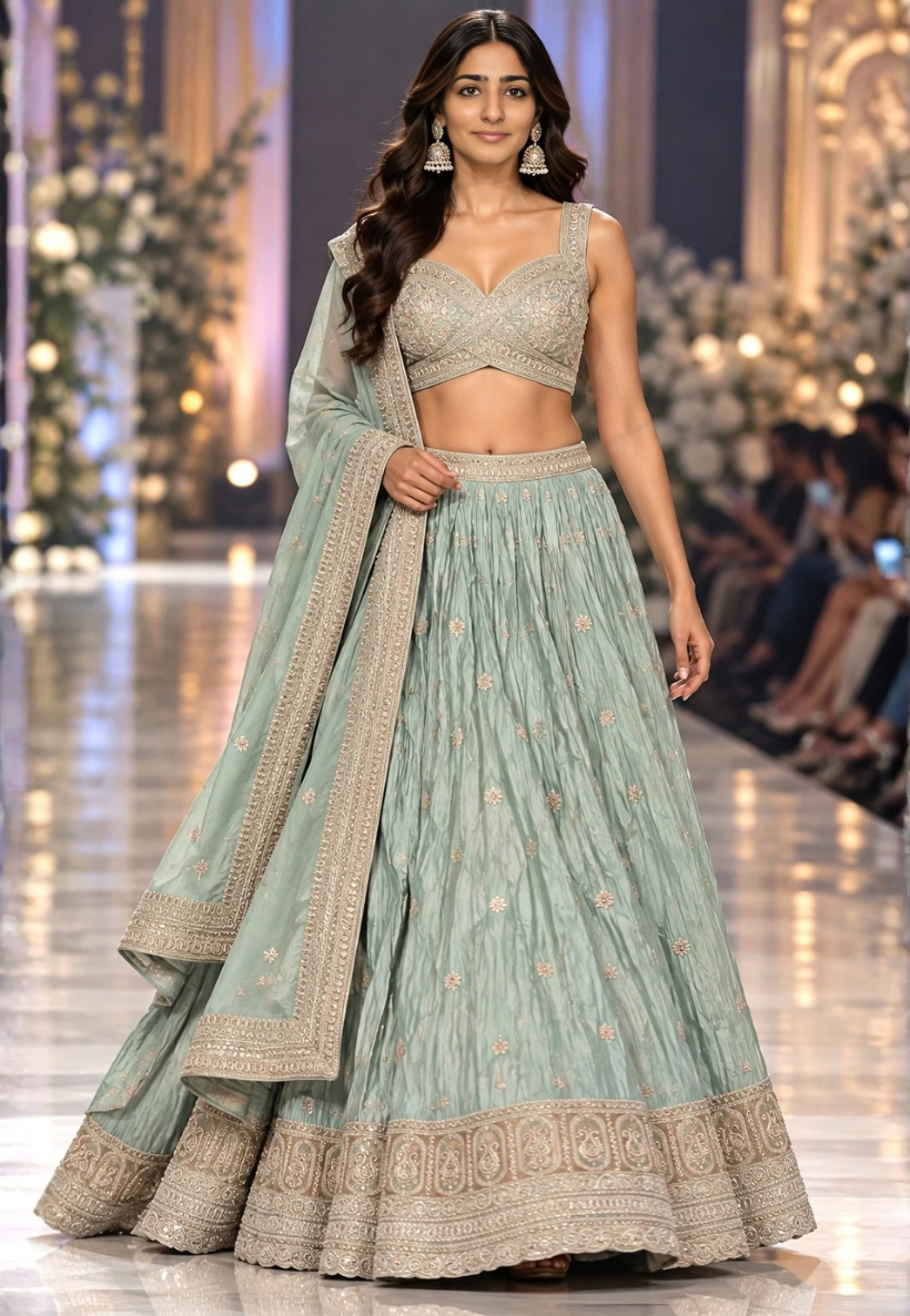 Light mint lengha with multicolour zari and sequins