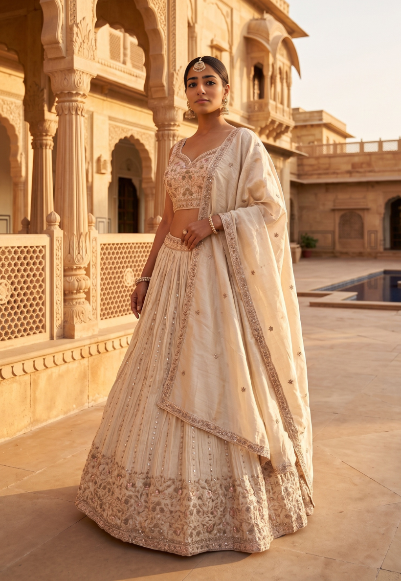 Rich ivory lengha with embroidery, sequins and stonework