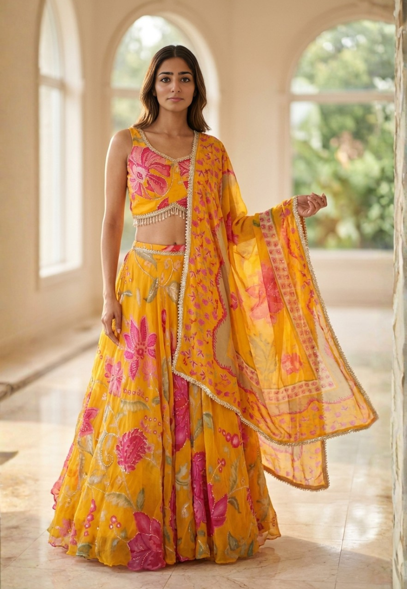 Canary yellow and fuchsia pink floral lengha with stonework