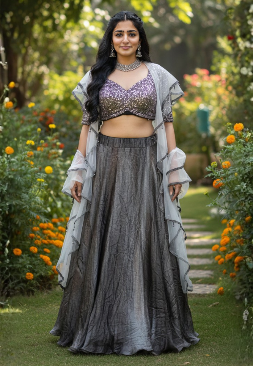 Lightweight crushed silk blend lengha with cropped V neck style heavily embossed sequins and beaded top in shades of silver, grey and bronze