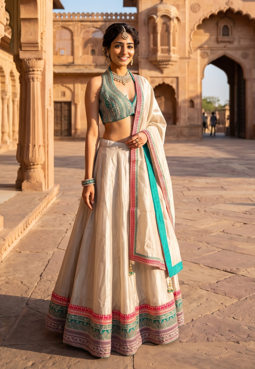 Champagne and turquoise lengha with sequins and zari work