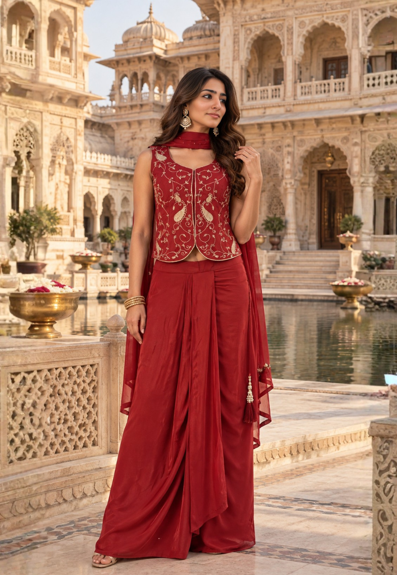 Dhoti inspired rust Indo Western skirt with bead and sequins blouse