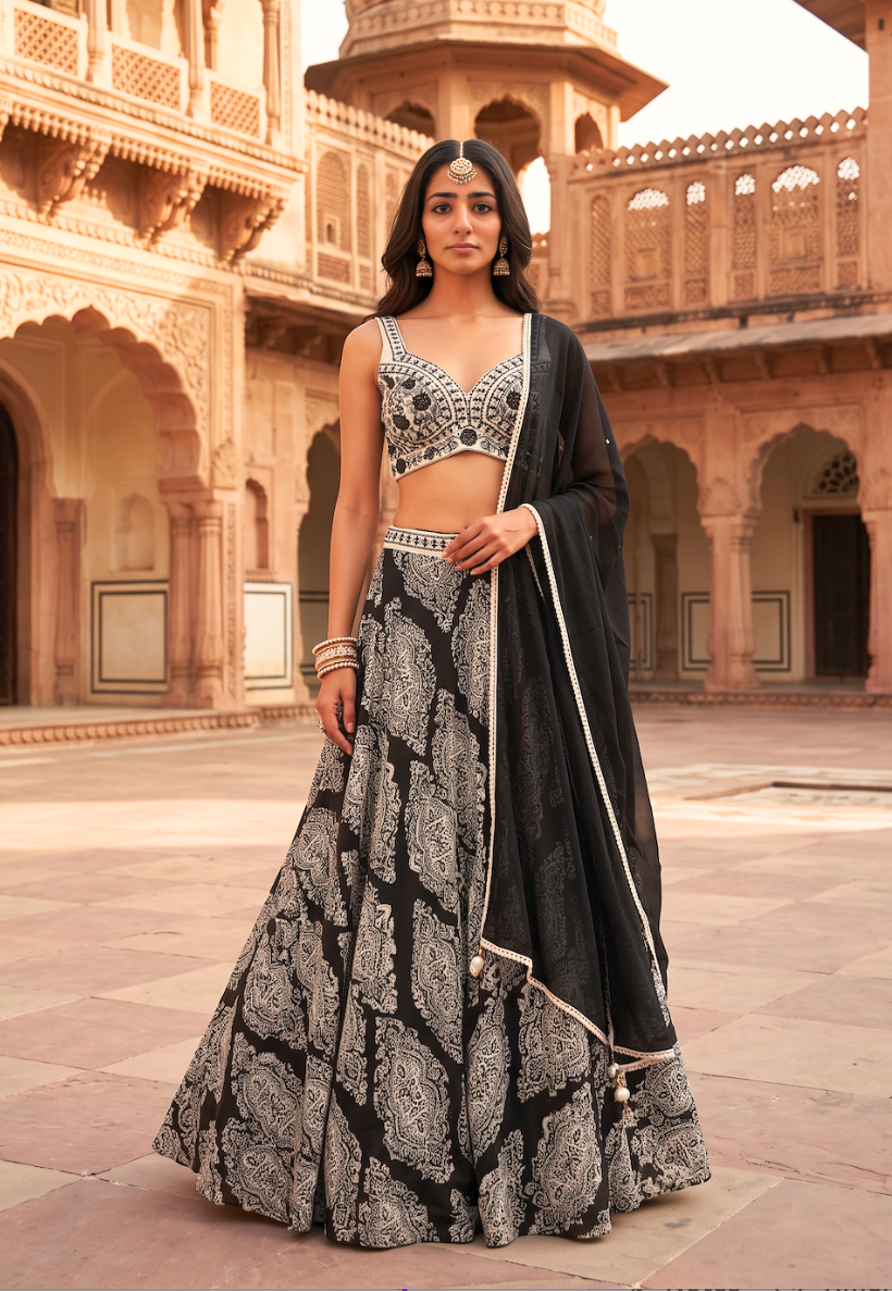 Black and white lengha with cotton embroidery, sequins and mirror work