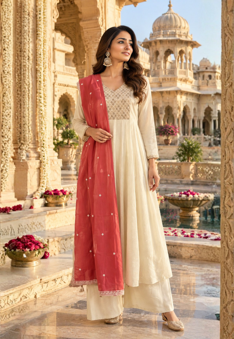 Cream beaded and sequins salwar kameez with matching palazzo pants