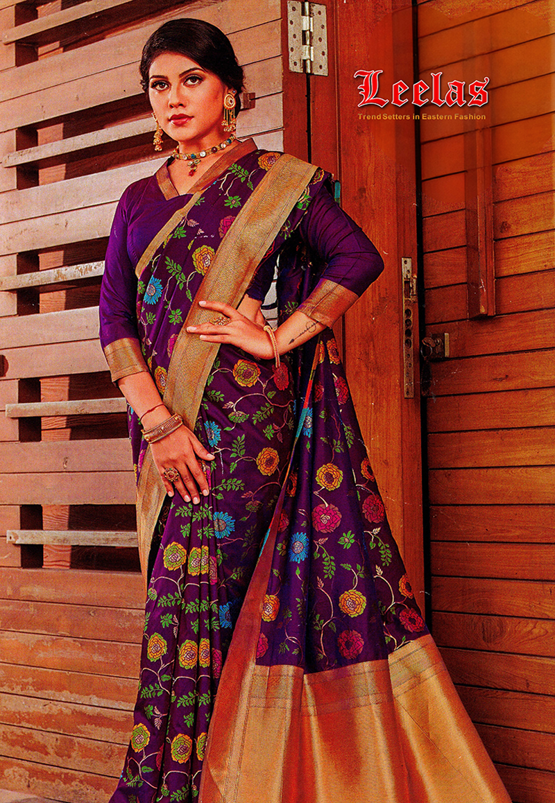 Deep purple silk saree with floral muti-colour work, with gold border and pallau